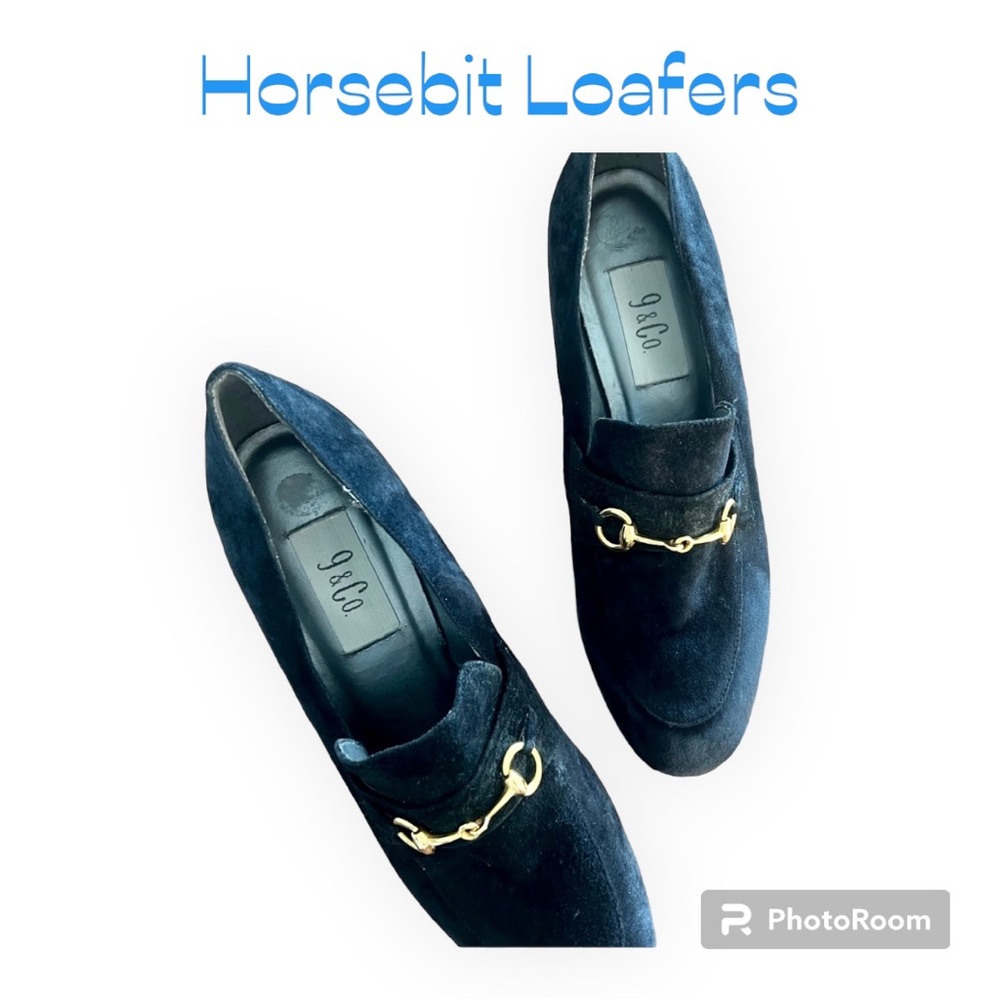 Horsebit Vintage inspired Navy Blue Suede Leather Loafers Heels Sz 10 - Picture 3 of 3